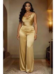 2026 New Style Champagne Gold Satin Jumpsuit Sleeveless Swing Collar Waist-Cinching Women's Jumpsuit Wide-Leg Pants Sleeveless Casual Short Jumpsuit Summer, Vacation, Poolside & Weekend Getaways TE2J - Màu be - Xem 10