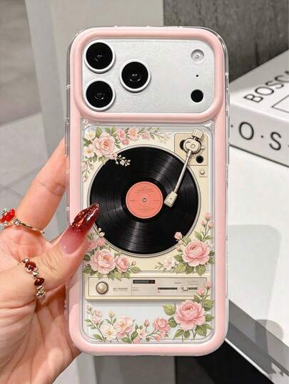 Vintage Gramophone Floral Print Design Transparent Airbag Shockproof Phone Case, Compatible With Apple 16/16 Pro/16 Plus, 15/15 Plus/15 Pro/15 Pro Max, 17/17 Pro/17 Pro Max, 12/13 Mini, 13/13 Pro Max, 11/11 Pro Max, 12 Pro Max. Exquisite Quality, Suitable As A Gift For Friends, Classmates, Or Lovers, And For Personal Daily Use.