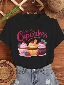 Women's Slim Fit Short Sleeve T-Shirt - Cherry Strawberry Cupcake And Retro Minimalist Semi-Sheer Print Blouse | Breathable Crew Neck Top For Spring And Summer Casual Wear, Playful Cupcake Graphics, Machine Washable Comfort Fit T-Shirt - 黑色 - 查看 1