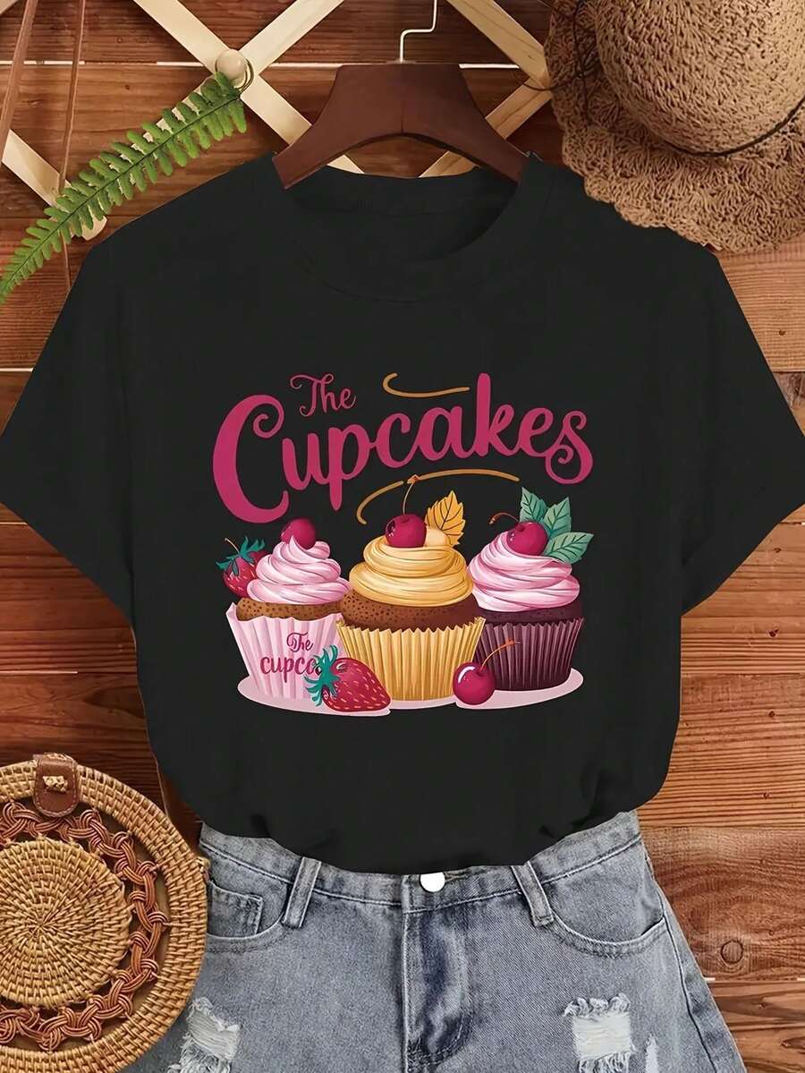 Women's Slim Fit Short Sleeve T-Shirt - Cherry Strawberry Cupcake And Retro Minimalist Semi-Sheer Print Blouse | Breathable Crew Neck Top For Spring And Summer Casual Wear, Playful Cupcake Graphics, Machine Washable Comfort Fit T-Shirt - 黑色 - 查看 1