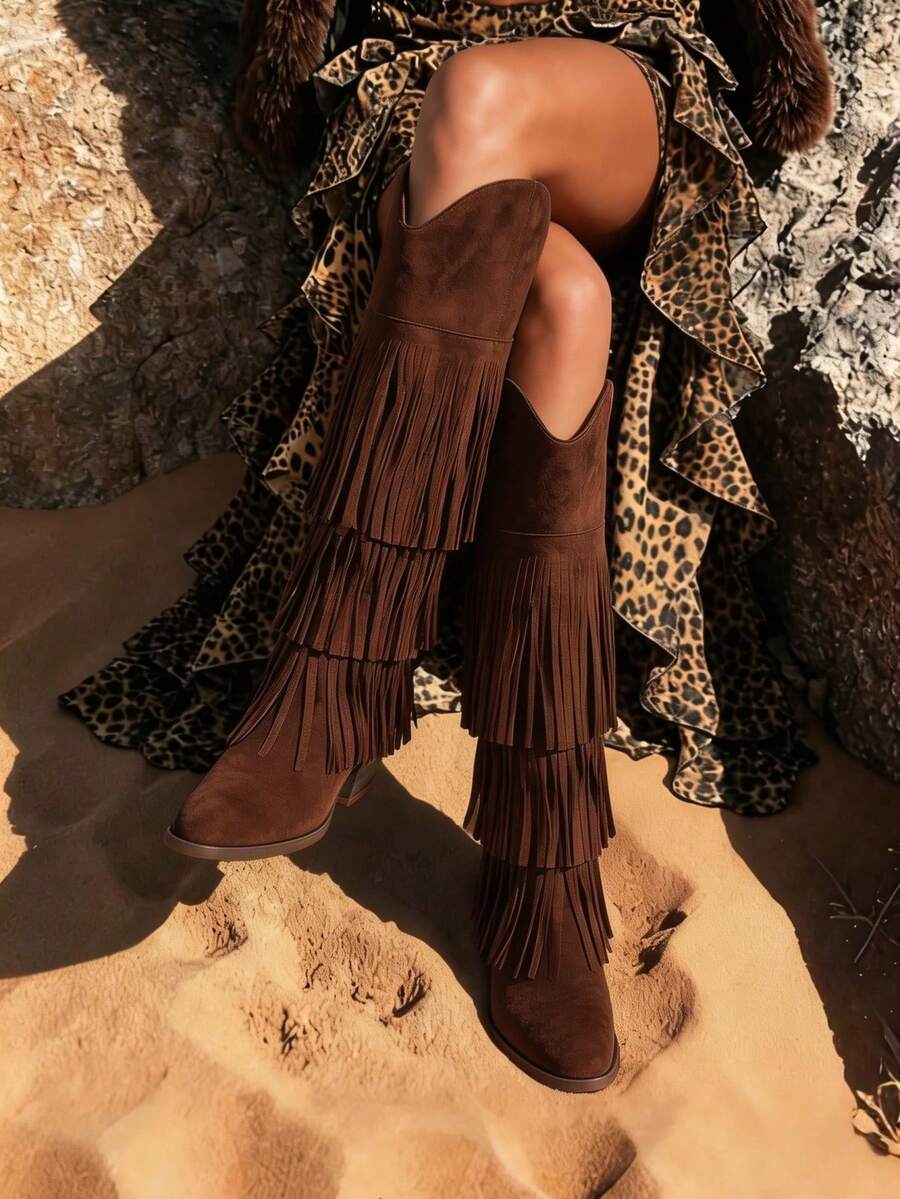 Women's Western Boots Vintage Fringe Cowboy Boots Pointed Toe Block Heel  Side Zipper Mid Calf Boots Country Concert Boots For Women - 棕色 - 查看 1