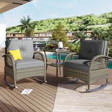 3-Piece Rattan Garden Furniture Set / Balcony Furniture Set For 2 People / 3-Piece Outdoor Seating Group / With 2 Rocking Chairs, Table, Cushions / Load Capacity 160 Kg / For Terrace Balcony, Beige - Grey - View 5