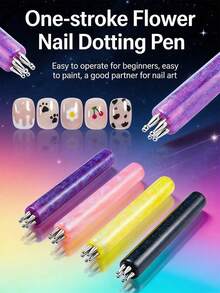 1pc Multi-Color Nail Art Dotting Pen, Magnetic Nail Dotting Pen, 5-Petal Flower Nail Art Dotting Pen, 3D Flower Pattern Magnetic Nail Stick, Nail Art Dotting Pen, Acrylic Round Shiny Handle, Cat Eye & Fancy Nail Art Tool, Designed For Nail Art Enthusiasts, Suitable For Home DIY And Nail Salon - Multicolor - View 2