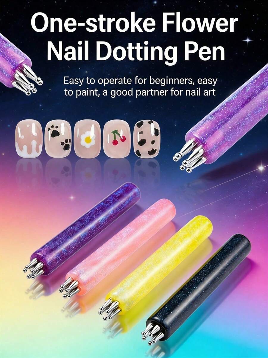 1pc Multi-Color Nail Art Dotting Pen, Magnetic Nail Dotting Pen, 5-Petal Flower Nail Art Dotting Pen, 3D Flower Pattern Magnetic Nail Stick, Nail Art Dotting Pen, Acrylic Round Shiny Handle, Cat Eye & Fancy Nail Art Tool, Designed For Nail Art Enthusiasts, Suitable For Home DIY And Nail Salon
