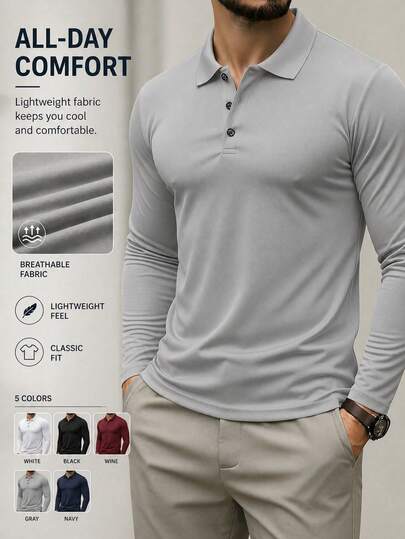 男士长袖 Polo 衫，休闲商务纯色修身翻领上衣，秋冬基础款 T 恤，春季运动款