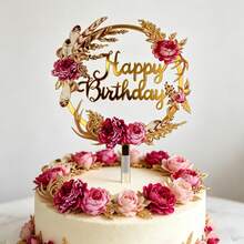1pc/3pcs Acrylic Gold Plated Flower & Butterfly Cake Topper, Birthday Party Decor - Multicolor - View 2