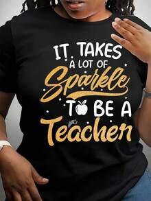 Vibrante Sparkle Teacher Print Crew Neck Tee - Top de manga corta suave, transpirable y informal para verano y primavera - Ropa rela para uso diario de las mujeres - Negro - Ver 2