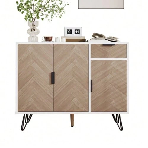 Modern Storage Cabinet, White And Wood-Look Sideboard With Drawer And Height-Adjustable Shelves (90 X 30 X 71.5 Cm) - Natural Color - View 1