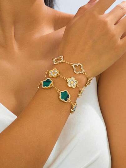3 Piecesluxurious High-End Feeling Lucky And Sweet Clover Hollow Gold Four Leaf Clover Girl's Bracelet Set, Stackable/Multifunctional