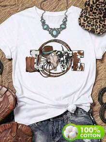 1 Piece Casual Fashion Men's And Women's Casual T-Shirt, Denim Style With LOVE Print And Western Elements, Soft Fabric, Loose Fit, Round Neck, Short Sleeves For Outdoor Parties In Spring/Summer. Versatile, Easy To Match, For Everyday Wear, Urban Style, Vacation Outfits, Weekend Outfits. - 白色的 - 查看 1