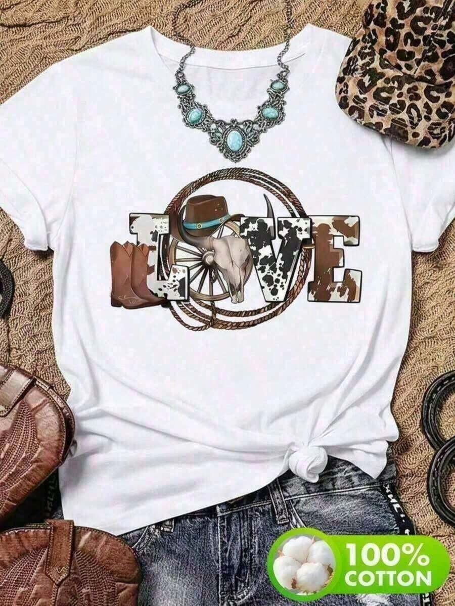 1 Piece Casual Fashion Men's And Women's Casual T-Shirt, Denim Style With LOVE Print And Western Elements, Soft Fabric, Loose Fit, Round Neck, Short Sleeves For Outdoor Parties In Spring/Summer. Versatile, Easy To Match, For Everyday Wear, Urban Style, Vacation Outfits, Weekend Outfits. - 白色的 - 查看 1