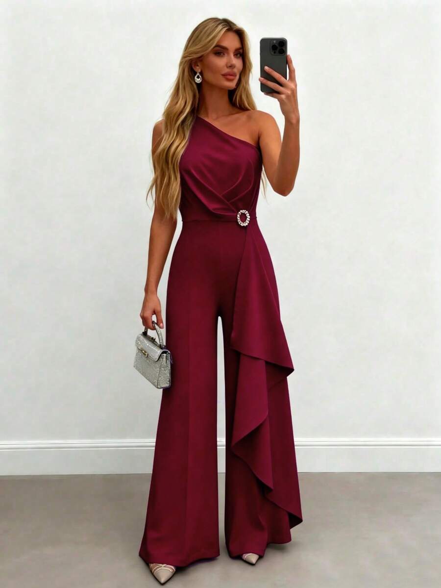 Women's Pleated Ruffle Trim Jumpsuit, Casual Wear For School, Party, Spring/Summer - Burgundy - View 1