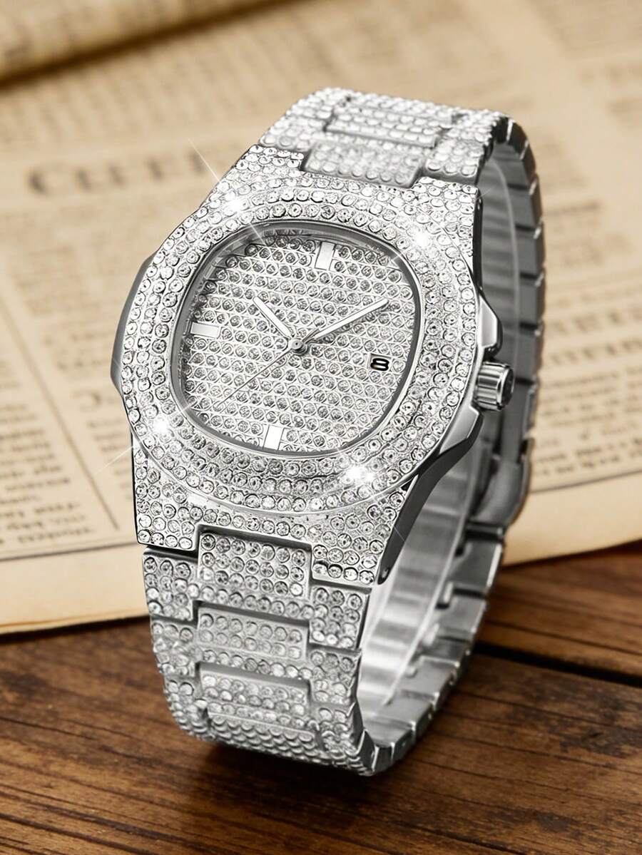 1 pieza Reloj de cuarzo de lujo con banda de acero completamente cubierto de hielo para hombres, adecuado para negocios, fiestas y uso diario, mejor regalo para hombres - Plateado - Ver 1