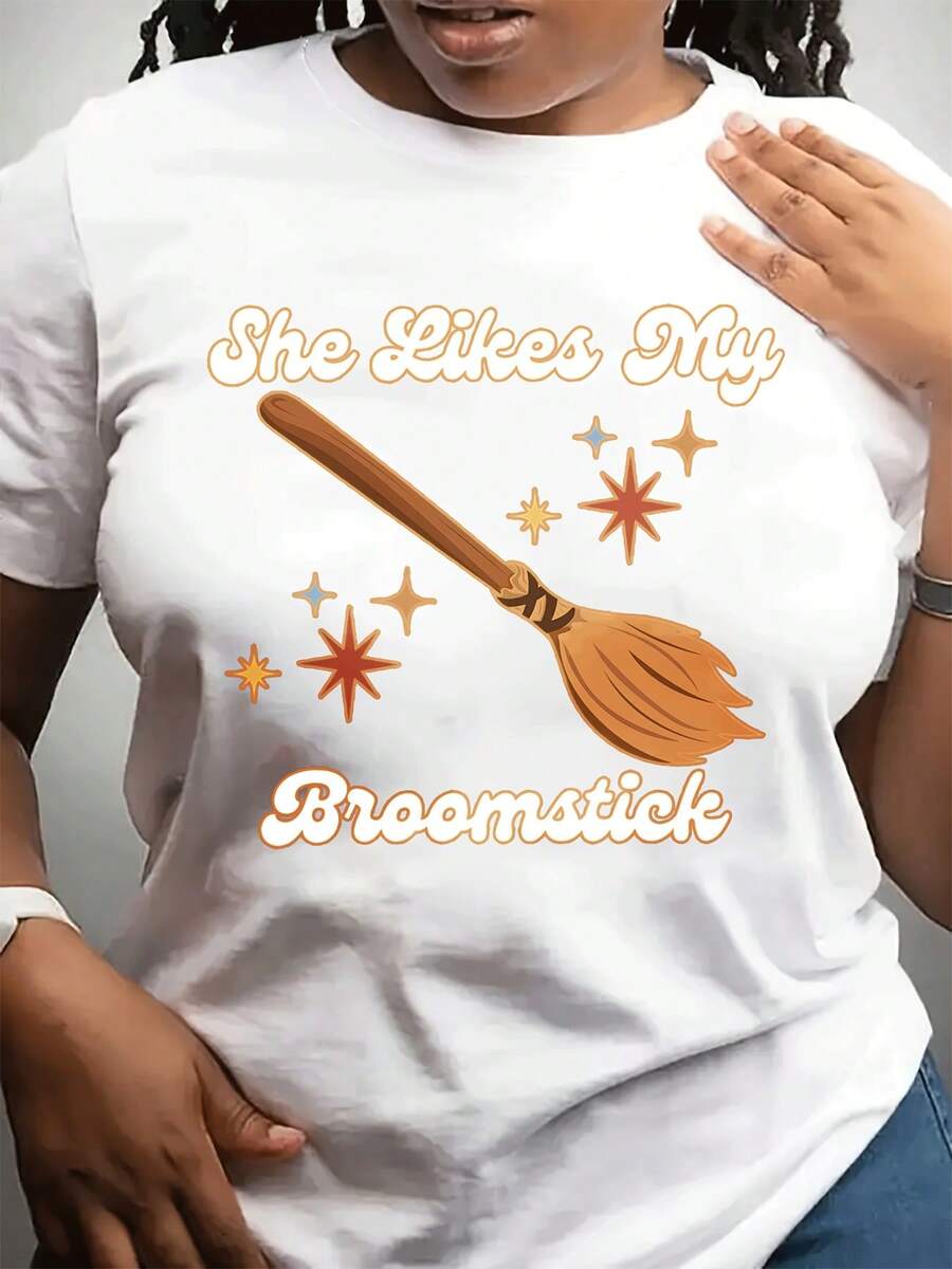 Camiseta casual de moda de cuello redondo de las señoras | Corto Sved Top con patrón de escoba impresa, yo para Dailpor Wear y regalo amigos y familia