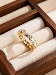 Nhẫn hình trái tim dễ thương và sang trọng, đính đá Cubic Zirconia, mạ vàng 14K, thiết kế tối giản, có thể đeo chồng lên nhau. - Vàng - Xem 1