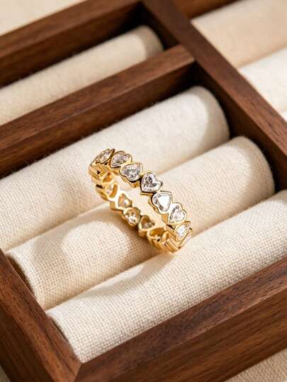 Cute & Luxurious Heart-Shaped Cubic Zirconia Inlaid Ring, 14K Gold Plated, Minimalist Niche Design Stackable Finger Ring