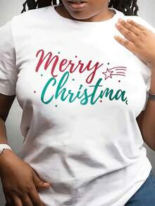 Women's Fashionable Christmas Crew Neck Casual T-Shirt | Merry Christmas Letter Print Festive Style, Crew Neck, Lightweight Stretch Fabric, Short Sleeve, All Season - 白色 - 查看 1
