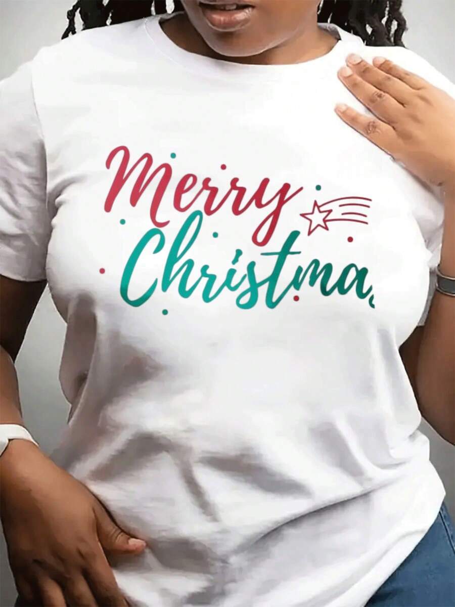 Women's Fashionable Christmas Crew Neck Casual T-Shirt | Merry Christmas Letter Print Festive Style, Crew Neck, Lightweight Stretch Fabric, Short Sleeve, All Season - 白色 - 查看 1