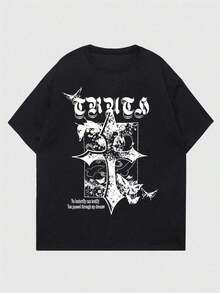 Camiseta con Gráficos de Cruz y Eslóganes para Hombres ROMWE MEN Street Life - Negro - Ver 1