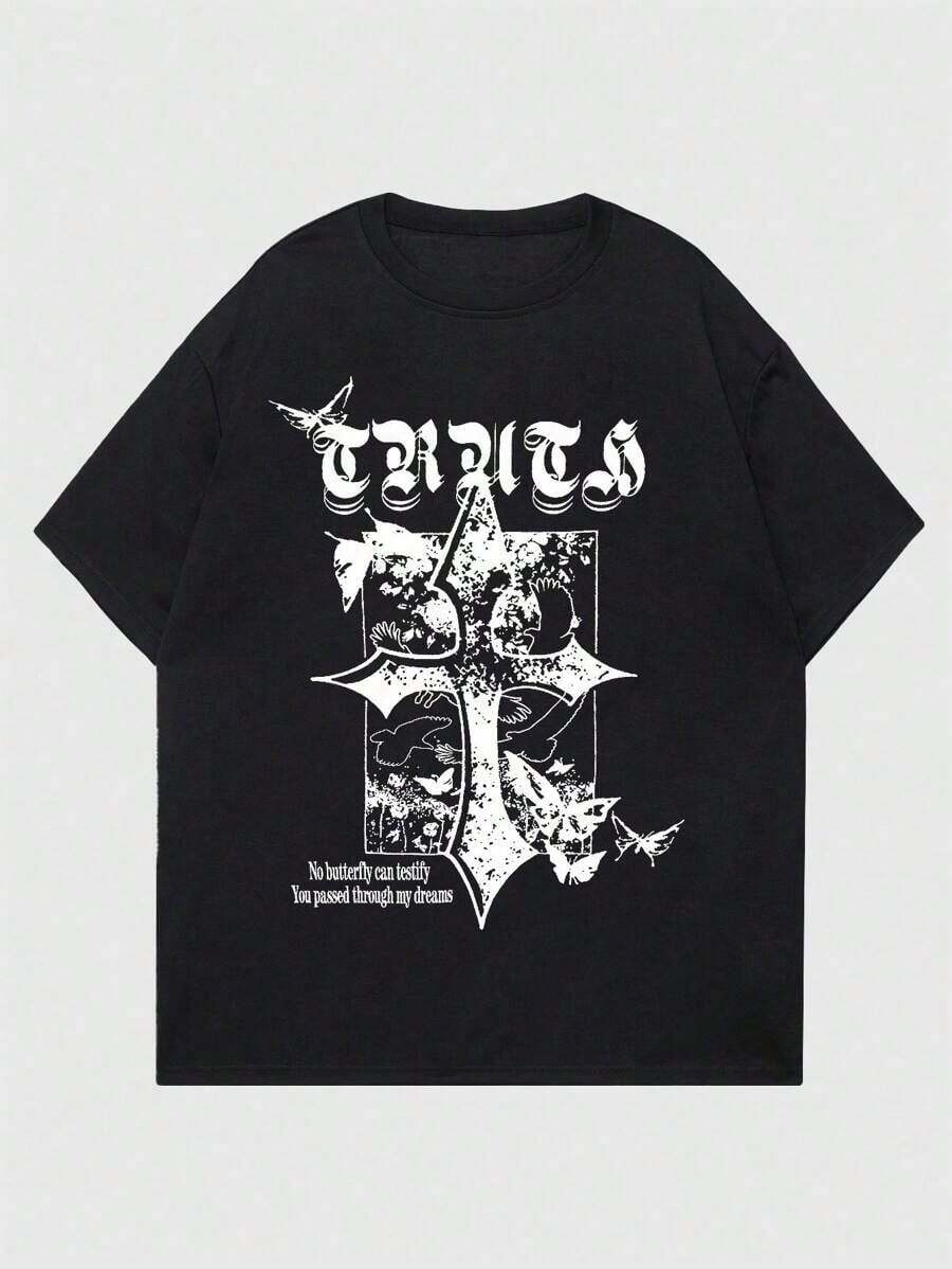 Camiseta con Gráficos de Cruz y Eslóganes para Hombres ROMWE MEN Street Life - Negro - Ver 1