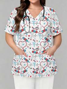 Plus Size Curvy Women's All-Over Print Nurse Top, Casual Loose Short-Sleeve  Work Clothes Stethoscope Heart Pill Syringe Ecg Pattern Print Stylish Patterned Nurse Top, Perfect For Hospital, Dental, Nursing And Healthcare Staff. - Sayle - View 3