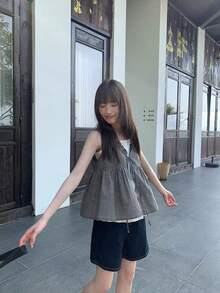 女款格紋背心上衣套裝，夏季設計黑色格紋襯衫 - 黑色 - 查看 8