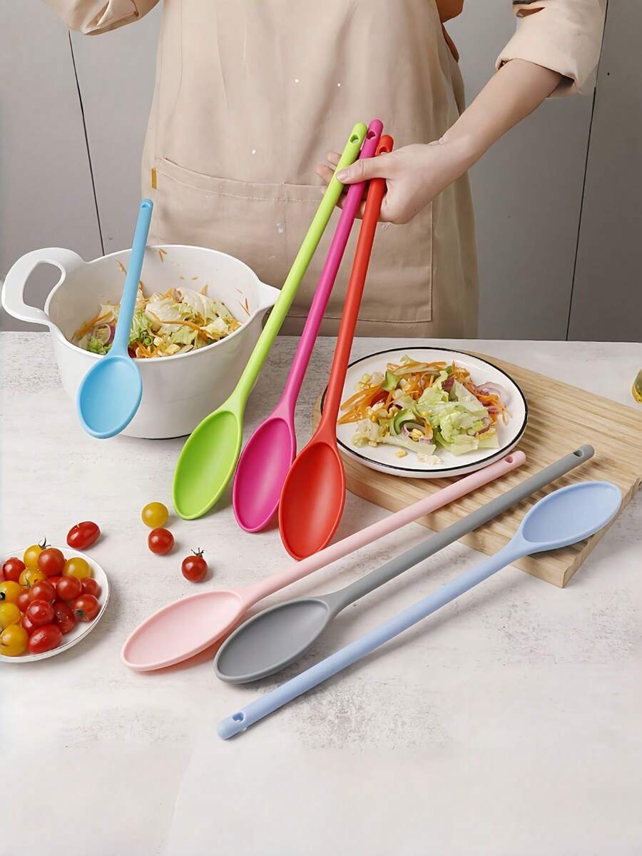 1pc Candy Color PP Salad Spoon, Kitchen Small Food Mixing Spoon, Long Handle Cooking Fruit Dessert Spatula - Multicolor - View 1