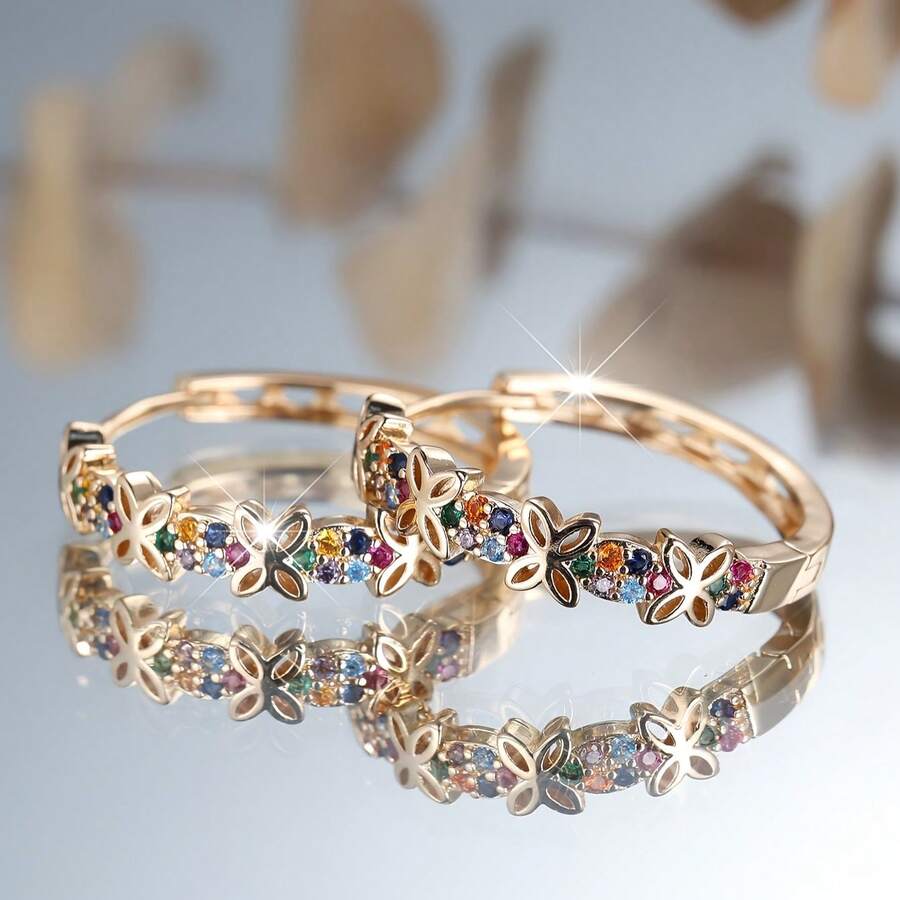 A Pair Of Simple And Stylish Earrings With Multi-Colored Synthetic Cubic Zirconia And Hollow Butterfly Design, Comfortable Jewelry For Women's Daily Wear, With A Novel And Exquisite Style - Multicolor - View 1