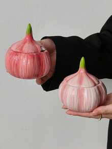 1pc Cute Pink 3D Garlic Ceramic Storage Box W/ Lid, Hand-Painted Veggie Jewelry Organizer, Mini Vanity Trinket Jar, Decorative Small Container For Rings, Earrings & Tiny Desk Accessories - Multicolor - View 12