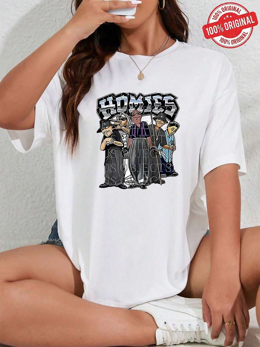 One Piece, Beautiful Blouses For Women, Women's Clothing Sets, Local Store, 180G Black And White Homies T-Shirt, Printed With Gang Pattern, High Quality Print, Round Neck, Basic Loose Fit, For Men And Women, Breathable, Versatile, Machine Washable, Comfortable, Size S ~ 2XL, Daily, Casual, Sporty, Summer Essential. - trắng - Xem 1
