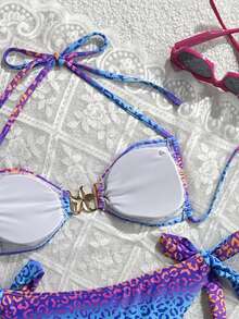 Bộ bikini hai màu thời trang, gợi cảm, họa tiết da báo và sao biển, kiểu buộc dây bên hông, cổ yếm, thích hợp cho nữ, đi biển, tiệc bể bơi và kỳ nghỉ. - Màu xanh lam - Xem 7
