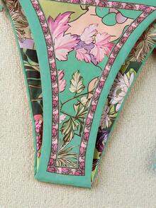 Nuevo traje de baño tipo bikini elegante y sexy con estampado floral verde en estilo bohemio con lazos, estampado floral vibrante con ribete en contraste, conjunto de bikini para fiesta en la playa y vacaciones - Multicolor 4 - Ver 5
