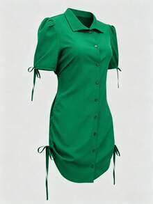 Camisa de manga corta elegante con botones y cintura elástica - Adecuada para ocasiones casuales y formales, ropa casual |   Estilo refinado |   Blusa de manga corta de verano - Verde - Ver 5