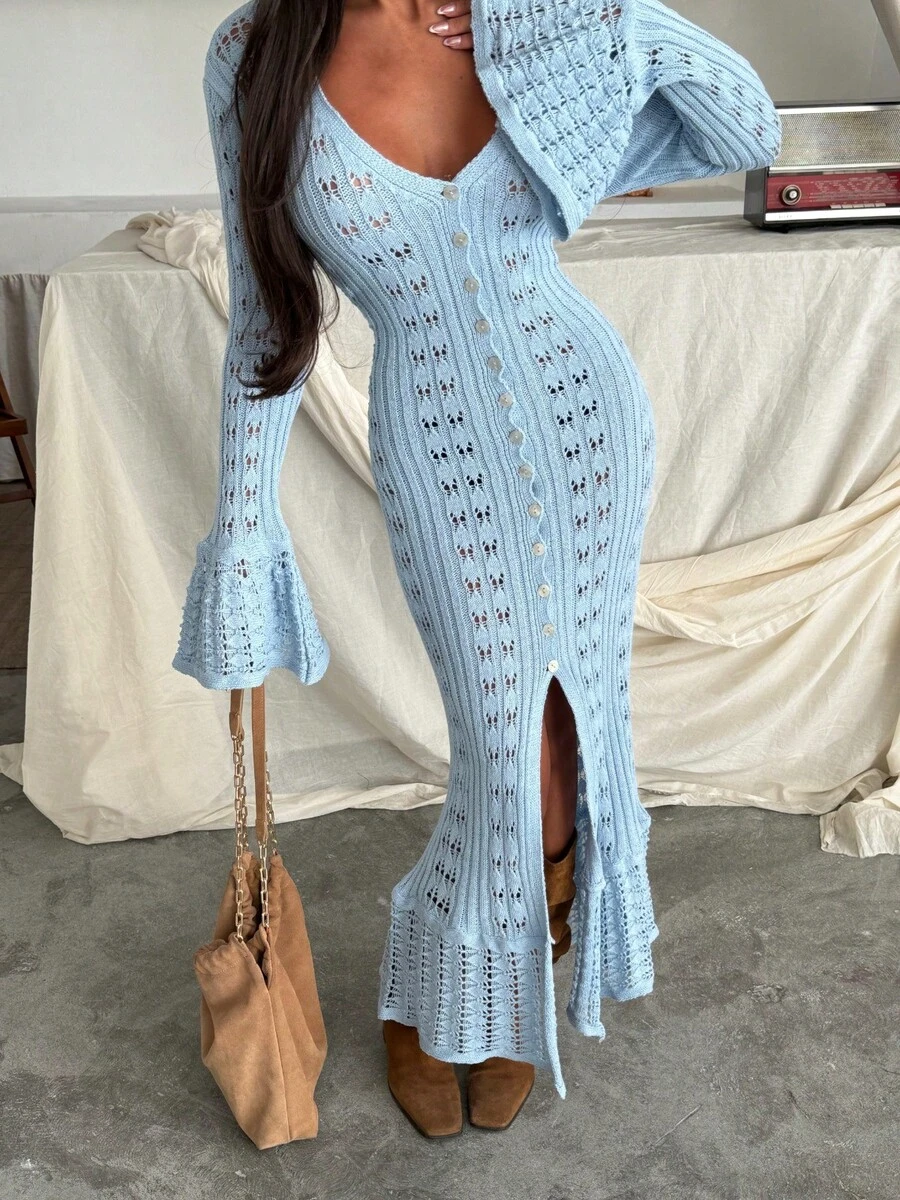 Women's Hollow Out Single-Breasted Flare Sleeve Front Slit Beach Cover Up Dress - Baby Blue - View 1