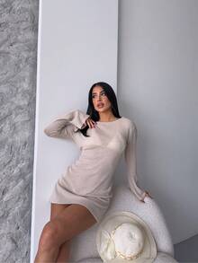 Women's Vacation Minimalist Sheer Long Sleeve Knit Cover Up Beach Dress - Beige - View 6