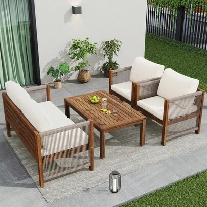 4-Piece Outdoor Garden Furniture Set / Balcony, Patio Furniture Set / With Coffee Table, Two-Seater Sofa And Two Chairs / With Comfortable Cushions, Load Capacity 120 Kg / Easy To Assemble / For Gardens, Beaches, Terraces And Courtyards
