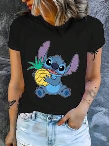 Disney 1件女款短袖T恤，針縫卡通圖案印花，圓領，微彈性 - 黑色 - 查看 3