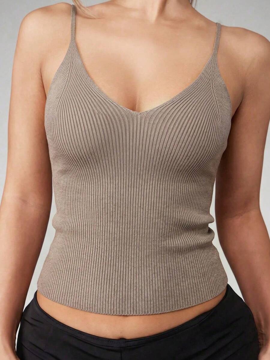 Y2K Style Ribbed Knit V-Neck Camisole Top, Women's Fitted Slim Strap Cropped Vest - Khaki - View 1