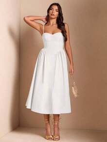 Elegante vestido largo sin mangas con manga abultada para mujer, adecuado para citas diarias, salidas, discotecas, fiestas, temporada de otoño - Blanco - Ver 7