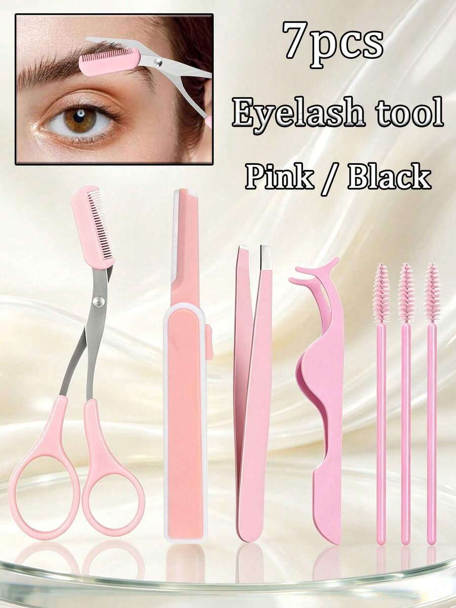 7pcs Flat Scissors, Eyelash Curler, Nail Clipper, Eyebrow Shaping Tool, Angled Scissors, Retractable Eyebrow Trimmer With Magnifying Guard, Ladies Manual Eyebrow Trimmer, Beginner Depilation Tool, Eyelash Tool, Eyebrow Tool Set - Multicolor - View 1
