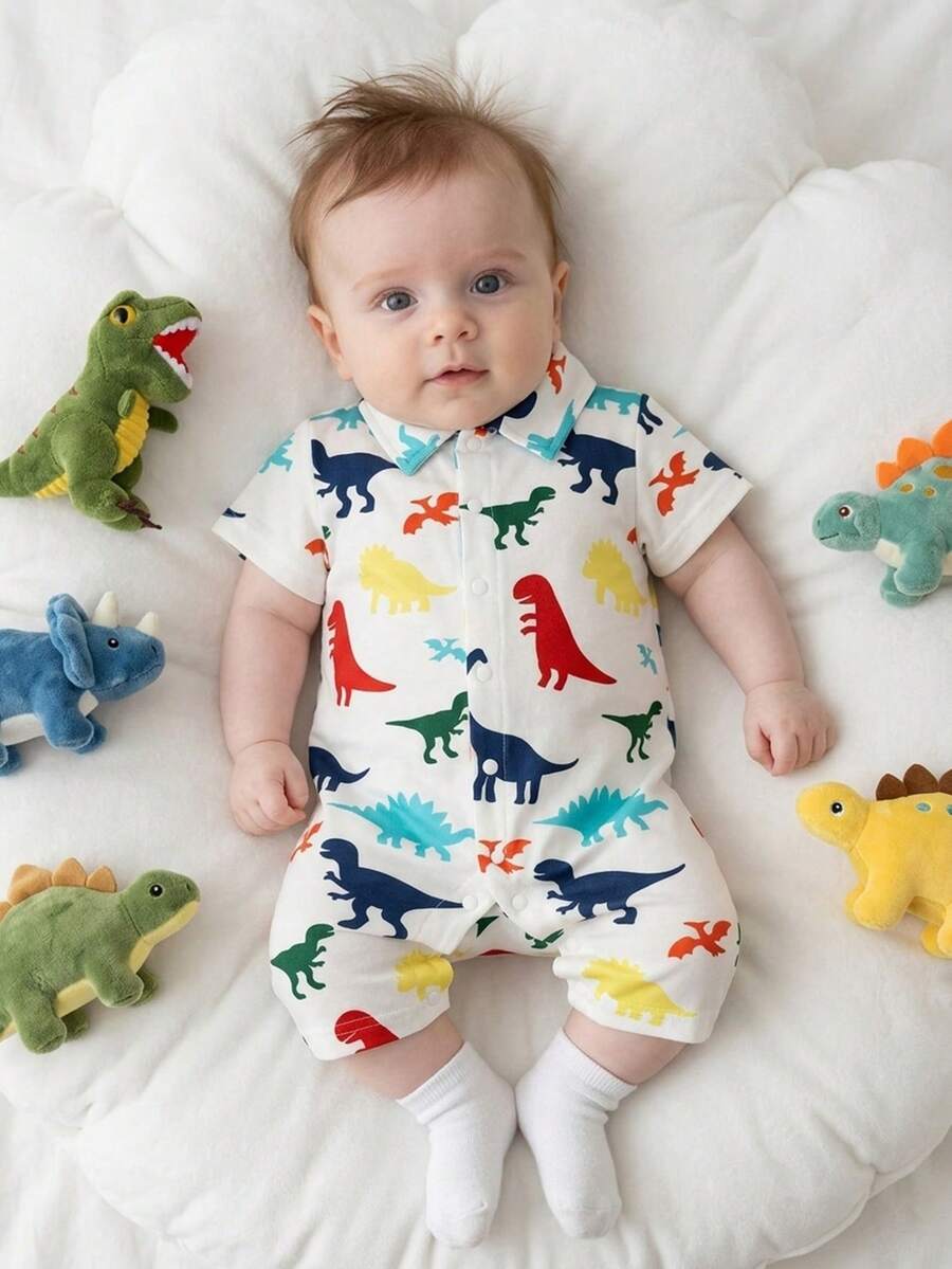 Bộ áo liền quần in hình khủng long sống động cho bé trai mùa hè, thiết kế cổ áo polo rộng rãi, thoáng khí với cúc cài dễ mặc, thời trang và đa năng. - trắng - Xem 1