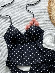 Damen 3-teiliges elegantes, sexy Polka Dot Mesh Rückenfreies Blumen Mesh Rock Bikini Set, geeignet für Strand, Urlaub, Reise, Bühnenauftritte, tägliche Dates, Sommer - Schwarz und Weiss - Übersicht 3