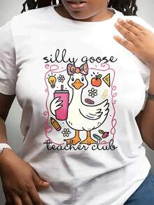 Camiseta casual de moda de cuello redondo de las mujeres corto Sved Top adecuado para Dailpor en el día del maestro. Regalo temático del club de maestros con patrón de ganso impreso para amigos y familia - Blanco - Ver 2