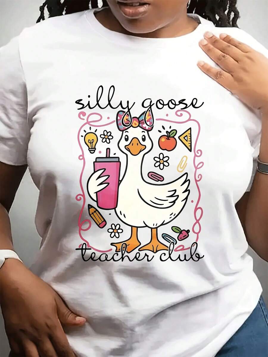 Camiseta casual de moda de cuello redondo de las mujeres corto Sved Top adecuado para Dailpor en el día del maestro. Regalo temático del club de maestros con patrón de ganso impreso para amigos y familia