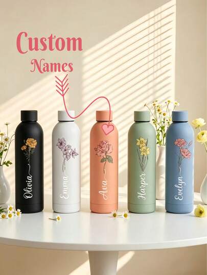 Cốc nước tùy chỉnh, sử dụng được cả ở phòng tập và văn phòng, quà tặng cho phù dâu, nắp cốc khắc tên và họa tiết hoa sinh nhật, cốc du lịch bằng thép không gỉ 500ml.
