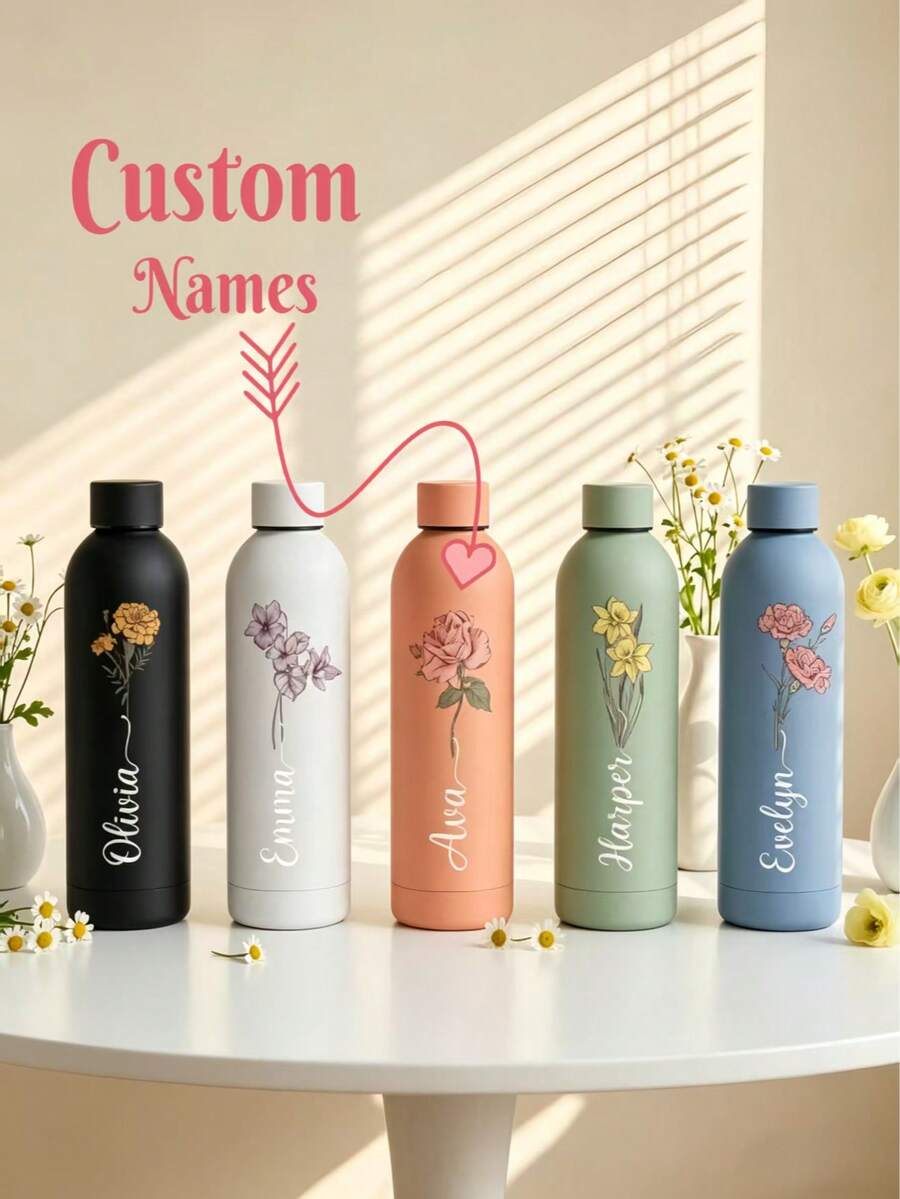 Cốc nước tùy chỉnh, sử dụng được cả ở phòng tập và văn phòng, quà tặng cho phù dâu, nắp cốc khắc tên và họa tiết hoa sinh nhật, cốc du lịch bằng thép không gỉ 500ml. - Nhiều màu - Xem 1