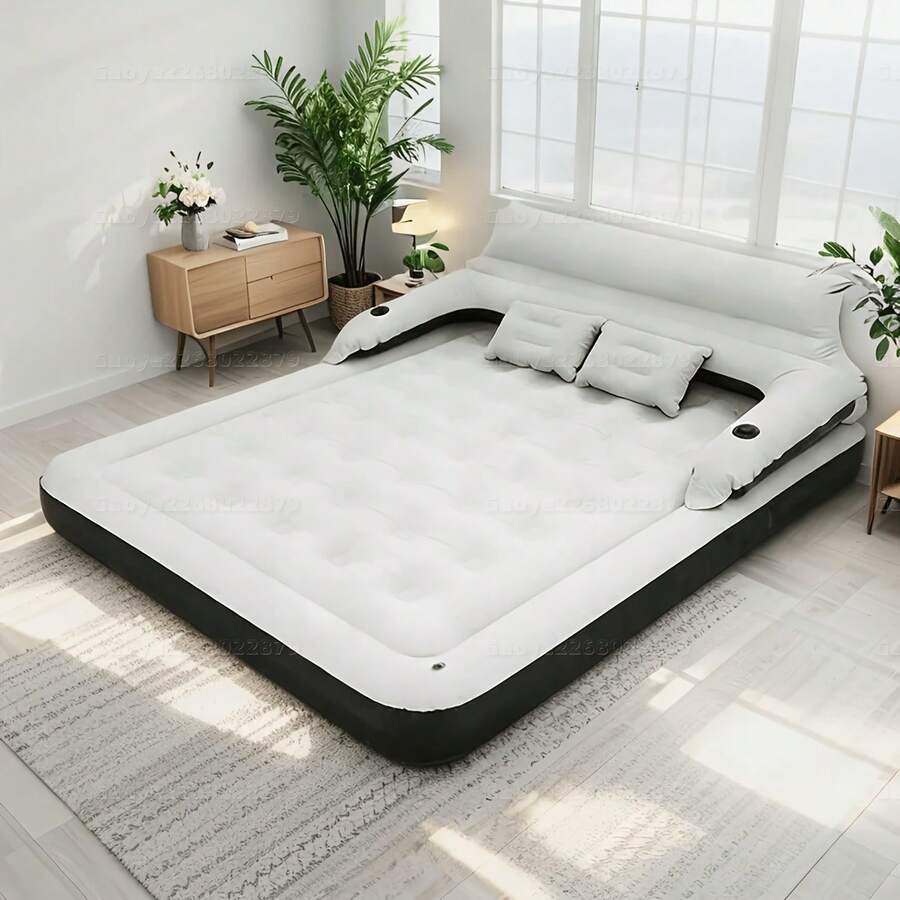 Portable Foldable Inflatable Mattress With Backrest And Dual Pillows. Dual-Use Inflatable Bed For Home And Camping. Thickened Portable Air Pump. Suitable For Outdoor And Indoor Use. Suitable For Bedroom, Living Room, Camping, Party, Park, Etc. - Multicolor - View 1