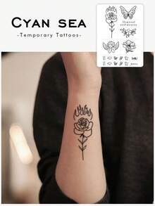 1 Sheet Of Tattoo Stickers, Simple Line-Drawn Rose, Butterfly, Angel, Floral, And English Collection, Temporary Tattoo Stickers, Washable, PVC, Disposable, Waterproof And Sweatproof For Arms, Waist, Back, Legs, Non-Reflective, Realistic Tattoo, Suitable For Individuals, For Daily Use, Lasting 3-5 Days - Black - View 1
