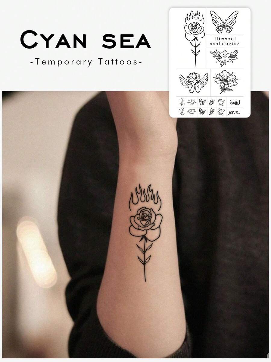 1 Sheet Of Tattoo Stickers, Simple Line-Drawn Rose, Butterfly, Angel, Floral, And English Collection, Temporary Tattoo Stickers, Washable, PVC, Disposable, Waterproof And Sweatproof For Arms, Waist, Back, Legs, Non-Reflective, Realistic Tattoo, Suitable For Individuals, For Daily Use, Lasting 3-5 Days - Black - View 1