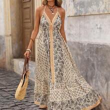 Women's Backless Halter Dress With Cashew Flower Print, Suitable For Vacation,Vacation,Vacation Style,Going Out For Dating, Easter Dress Women,Casual Dresses For Women,Summer Holiday Outfits,Festival Dresses, Suitable For Spring/Summer Vacation Women Vacation Dress Boho Summer Dress Women Beach Long Dress,Holiday Shopping Dresses, School Outfits, Very Simple Attire, Women's Country Clothing, Office Attire, Old Money Attire, Teacher Attire, Date Attire, Graduation Season, Casual Dresses, - Caqui - Ver 5